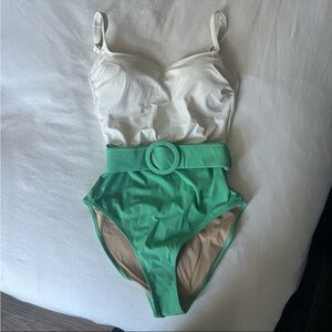 Chic Belted Women's One-Piece Swimsuit in White and Green. Evarae